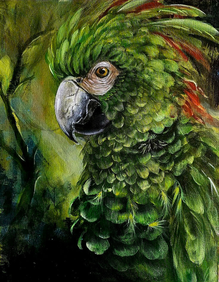 Emerald Fury in the Tropical Night/ Original Green Macaw Painting