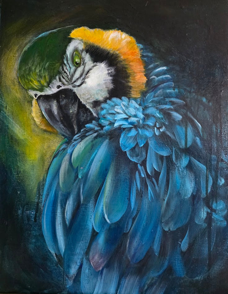 Whispers of the Dark Forest Night | Original Blue and Gold Macaw Painting | Margie Montante