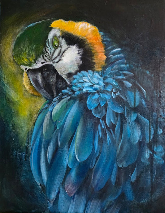 Whispers of the Dark Forest Night | Original Blue and Gold PARROT Painting | Margie Montante