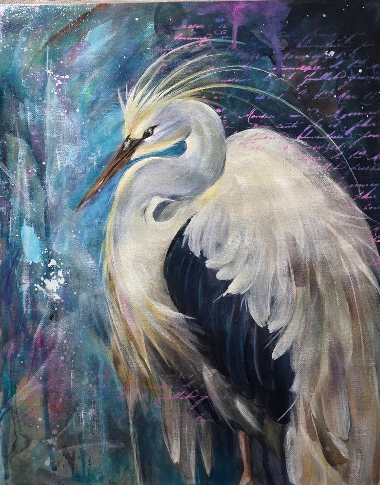 Lost in a Gentle Haze | 12X16' Original Great Egret Painting | Margie Montante