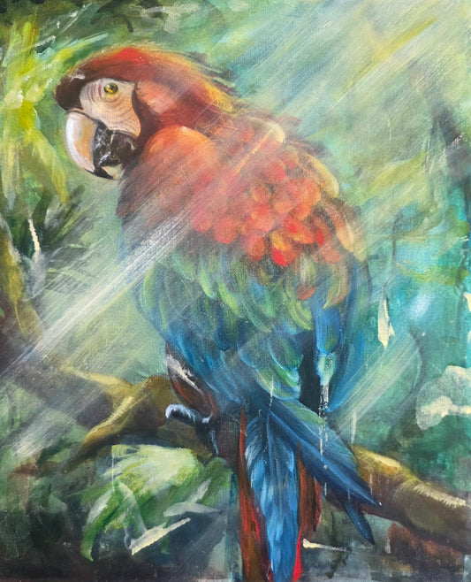 TROPICAL- BABY" AN ORIGINAL LUSH GREEN JUNGLE SETTING MACAW / PARROT