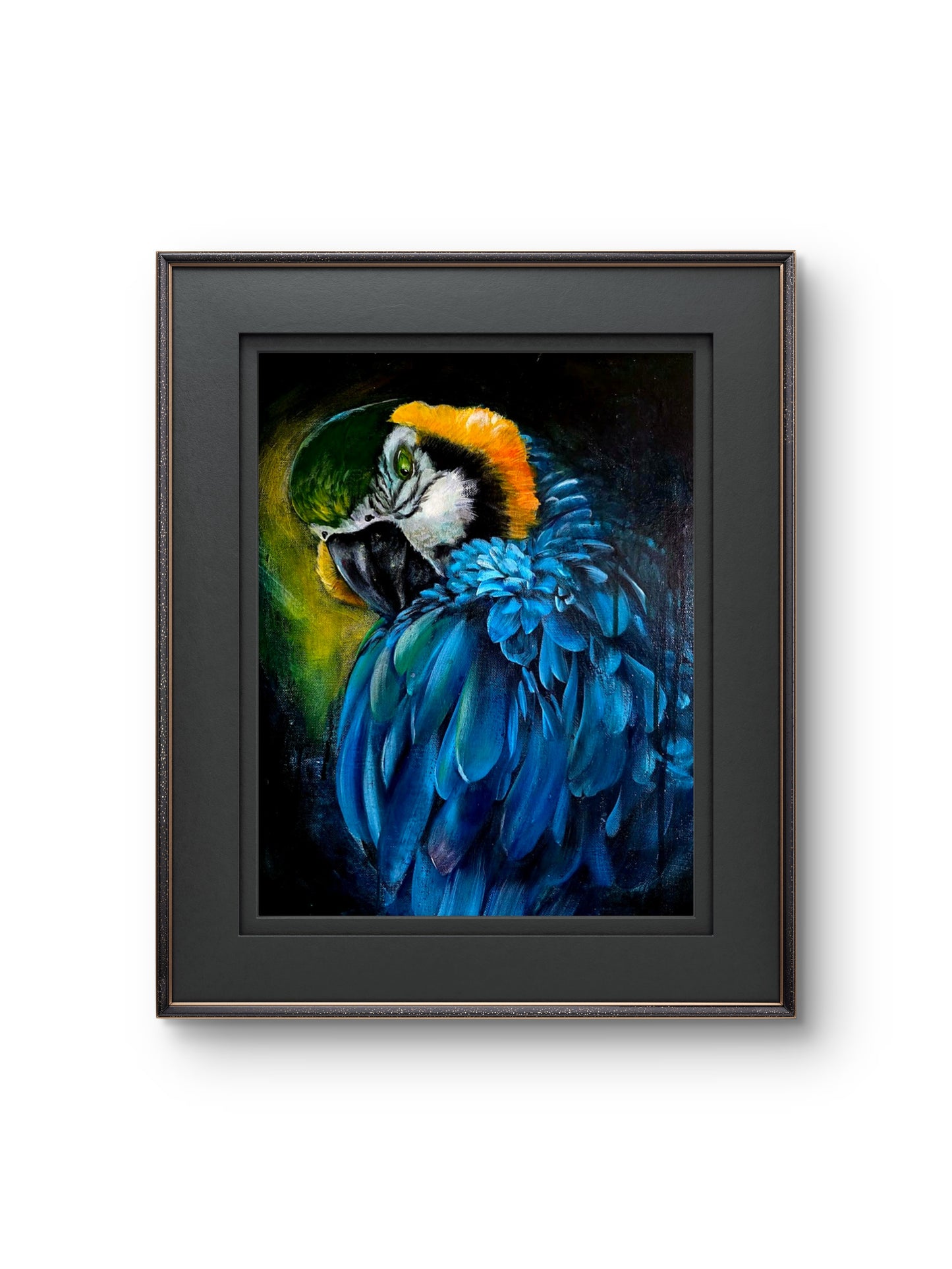 Whispers of the Dark Forest Night | Original Blue and Gold Macaw Painting | Margie Montante
