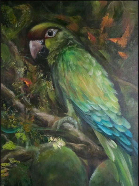 "ALMOST ECSTASY" Original Green Parrot Painting